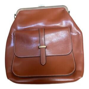 Walasa Cognac Leather Metal Top Trim Kiss-Lock Closure Backpack 11"W x 11"H